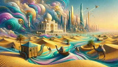 The primary subject of the image is a colorful and whimsical painting of a desert landscape. The setting includes a palace, a boat, and a camel, all set against a backdrop of a sandy desert. The visual style is a mix of digital art and illustration, creating a vibrant and imaginative scene. The dominant colors in the painting are pink, blue, and purple, giving the image a lively and cheerful atmosphere.